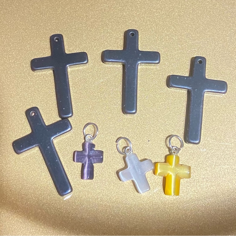 ✝️ Hematite protection cross lot necklace W cord & cat eye stone gift